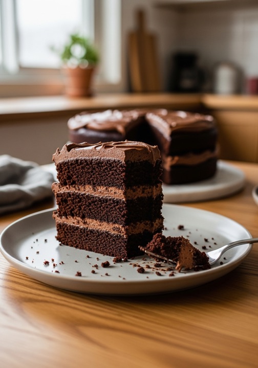 A chocolate cake with an uneven crumb on cream linen