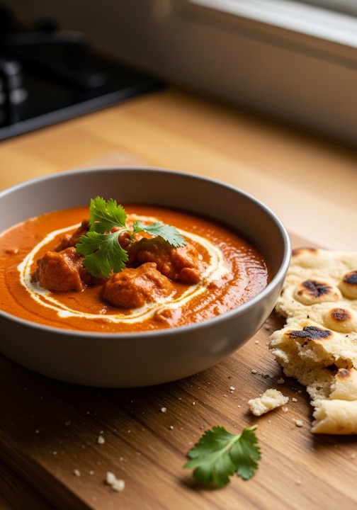 A glossy curry with fresh herbs on a warm oak board