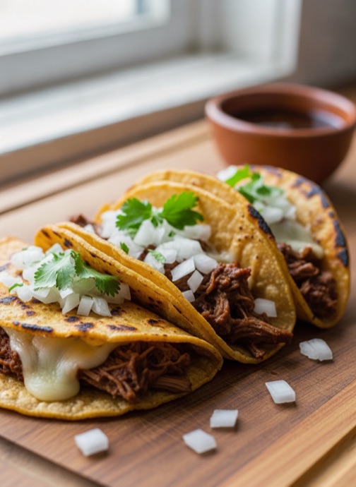 Tacos with charred edges and scattered cilantro