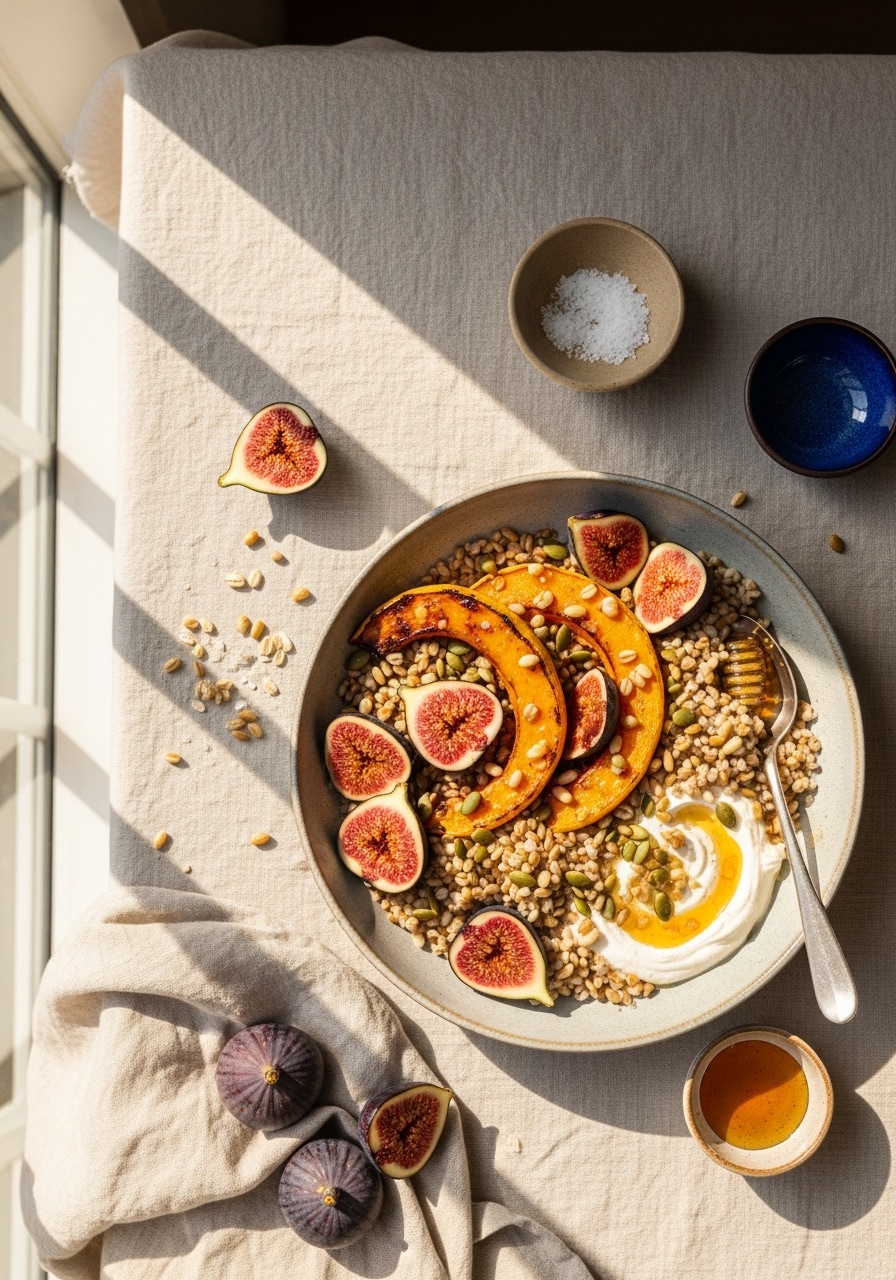 A warm bowl of roasted squash, grains and fresh figs in soft window light